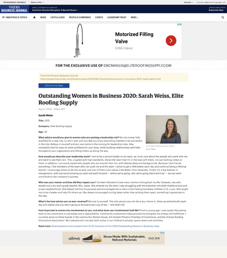 Sarah Weiss named Outstanding Woman in Business 2020 - Phoenix Business Journal - August 2020
